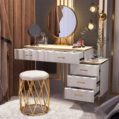 Modern White Extendable Makeup Vanity 5 Drawers Dressing Table Set with Stool and Mirror - 
