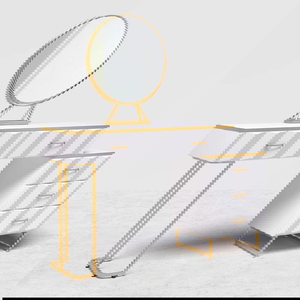 Modern White Extendable Makeup Vanity 5 Drawers Dressing Table Set with Stool and Mirror - 