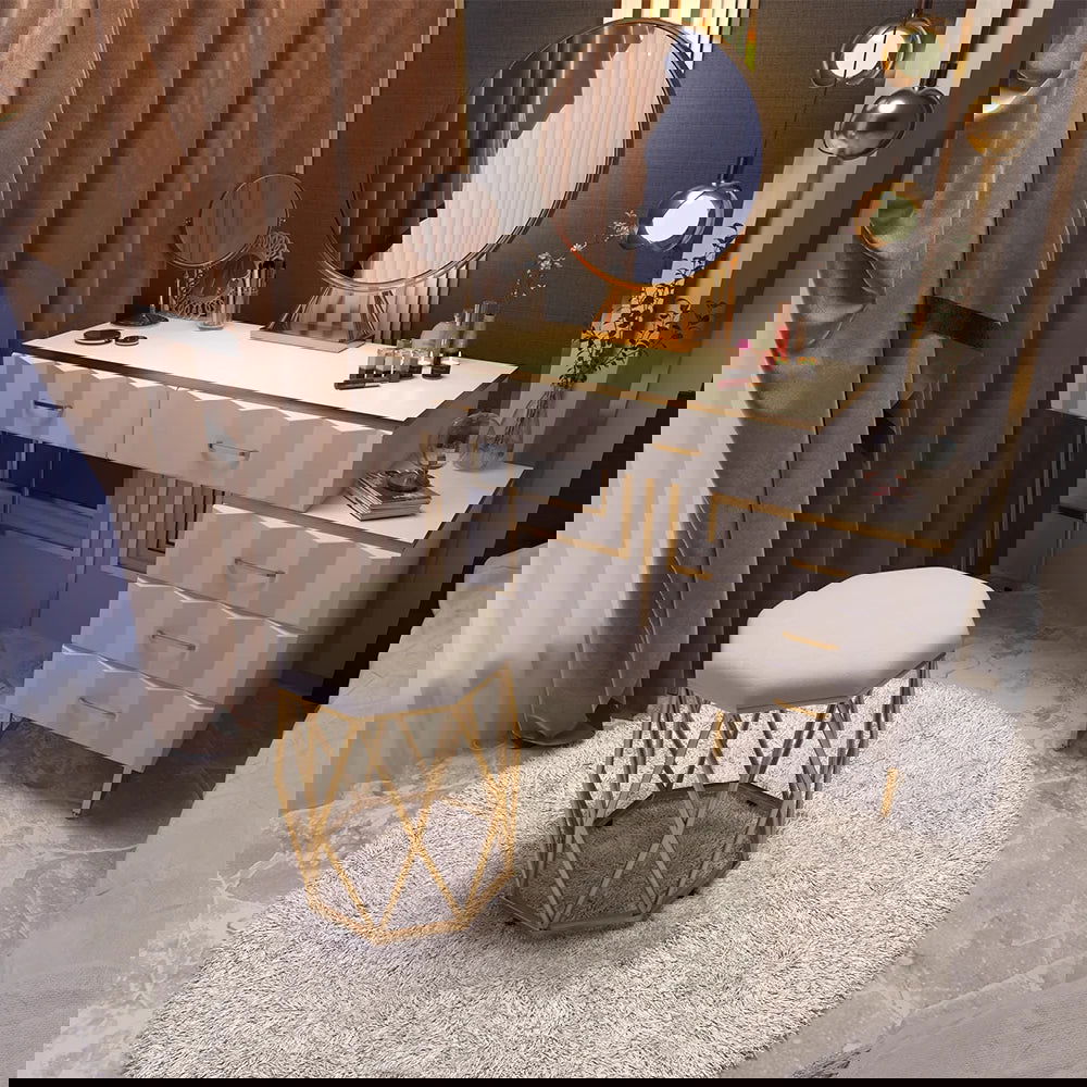 Modern White Extendable Makeup Vanity 5 Drawers Dressing Table Set with Stool and Mirror - Homary