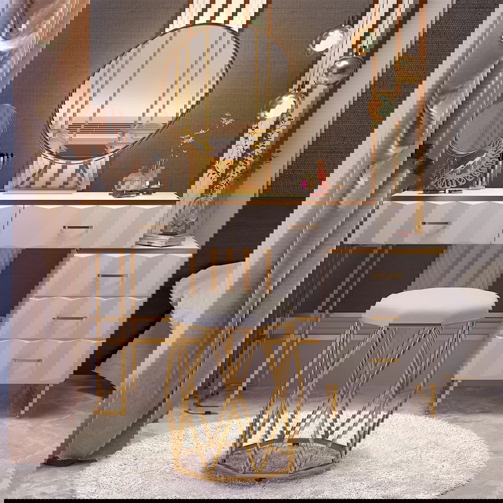 Modern White Extendable Makeup Vanity 5 Drawers Dressing Table Set with Stool and Mirror - Homary