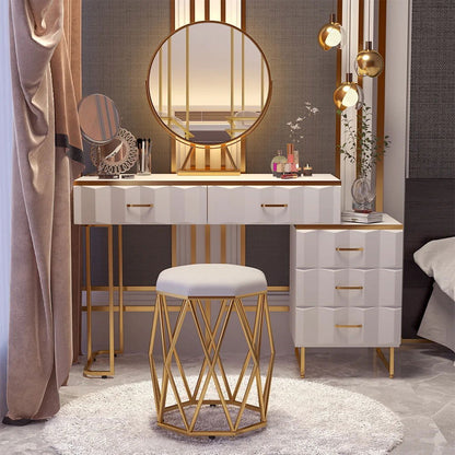 Modern White Extendable Makeup Vanity 5 Drawers Dressing Table Set with Stool and Mirror - Homary