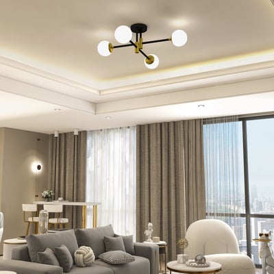 Modern White Glass 4-Light Semi-Flush Mount Chandelier - 