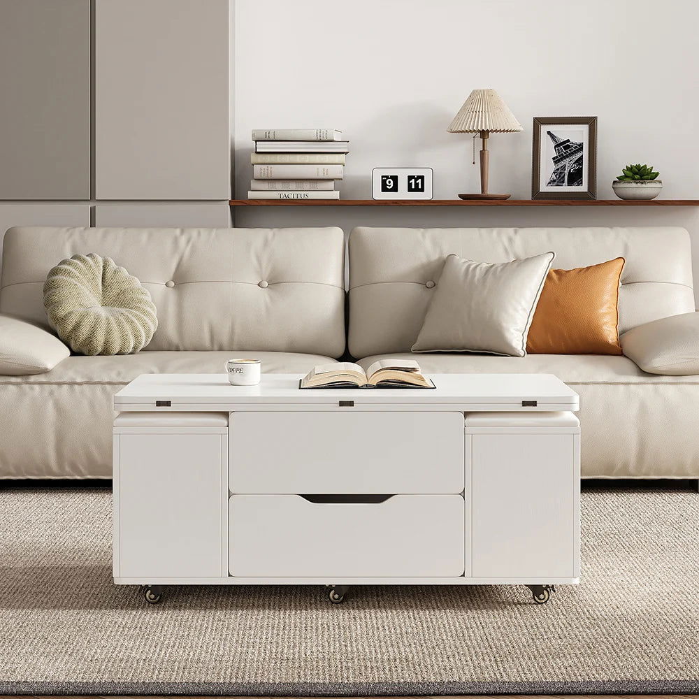 Modern White Lift Top Coffee Table 4 in 1 with Storage Ottoman Foldable and Casters - 