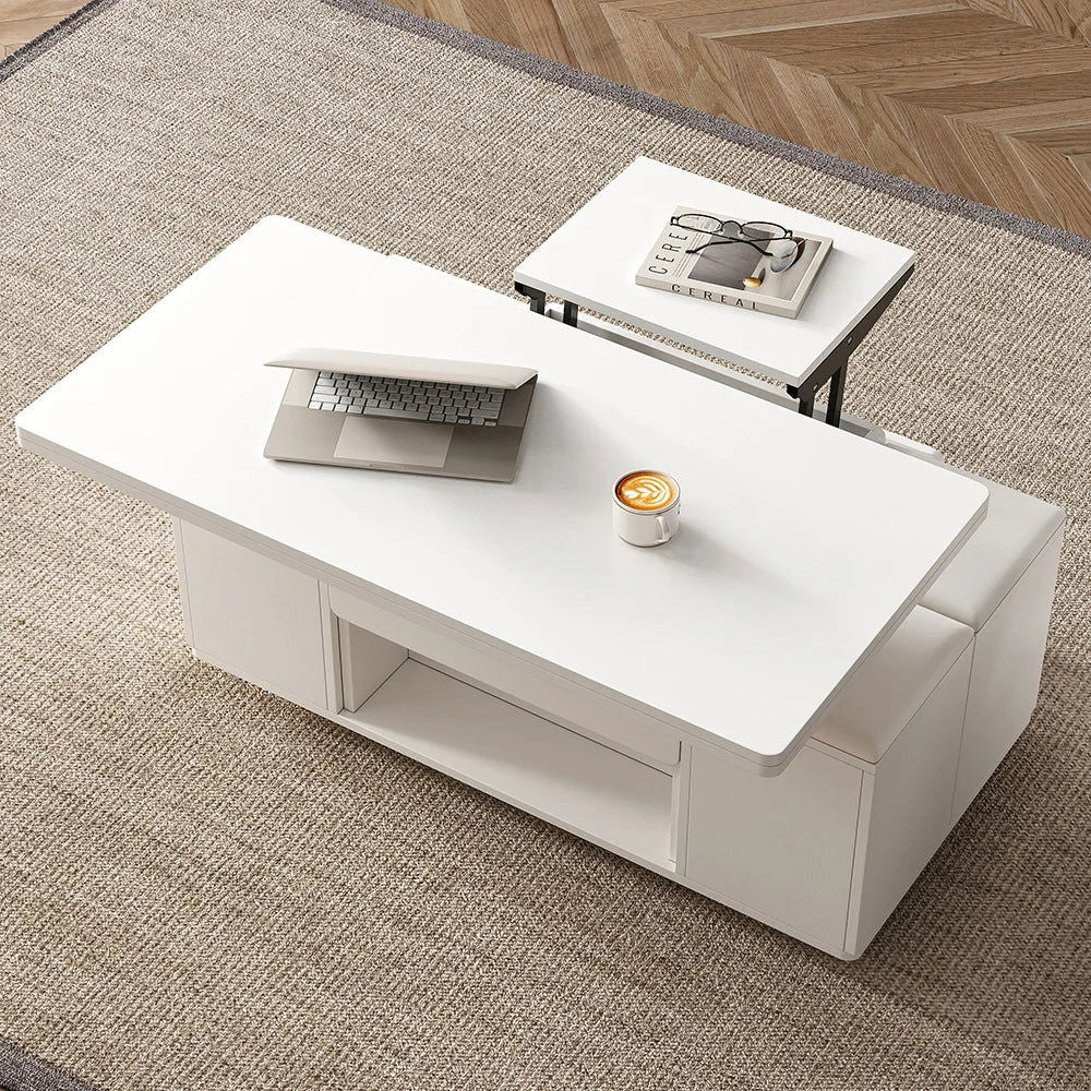 Modern White Lift Top Coffee Table 4 in 1 with Storage Ottoman Foldable and Casters - 