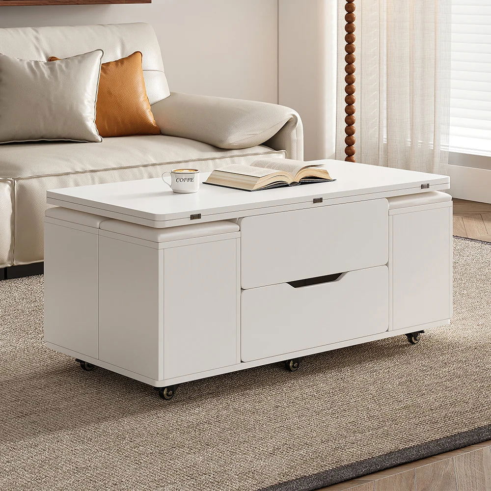 Modern White Lift Top Coffee Table 4 in 1 with Storage Ottoman Foldable and Casters - 