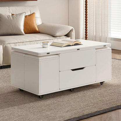 Modern White Lift Top Coffee Table 4 in 1 with Storage Ottoman Foldable and Casters - 