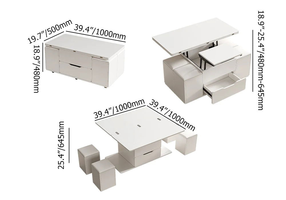 Modern White Lift Top Coffee Table 4 in 1 with Storage Ottoman Foldable and Casters - 