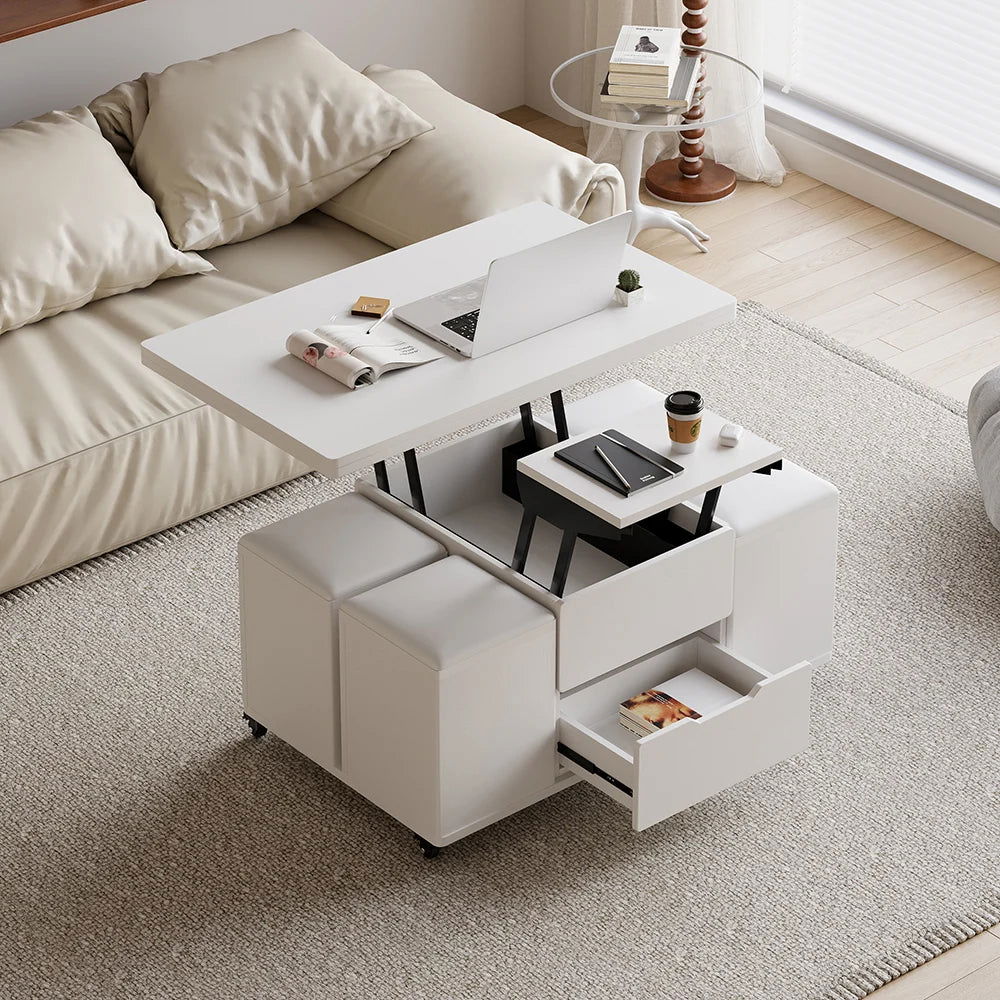 Modern White Lift Top Coffee Table 4 in 1 with Storage Ottoman Foldable and Casters - Homary
