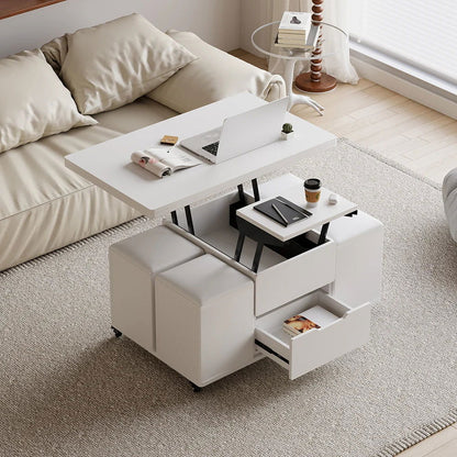 Modern White Lift Top Coffee Table 4 in 1 with Storage Ottoman Foldable and Casters - Homary