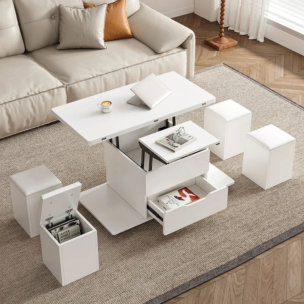 Modern White Lift Top Coffee Table 4 in 1 with Storage Ottoman Foldable and Casters - Homary