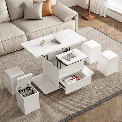 Modern White Lift Top Coffee Table 4 in 1 with Storage Ottoman Foldable and Casters - Homary