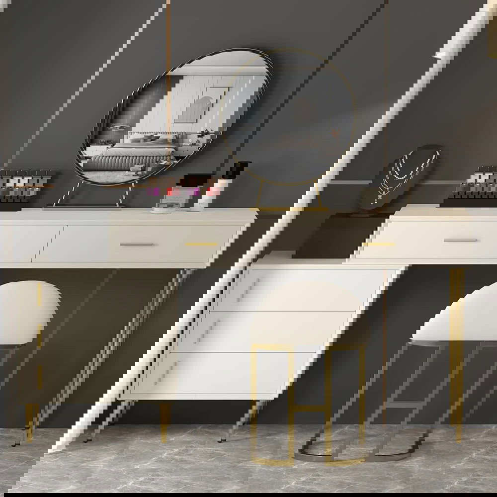 Modern White Makeup Vanity Set Retracted Dressing Table Cabinet & Stool & Mirror - 