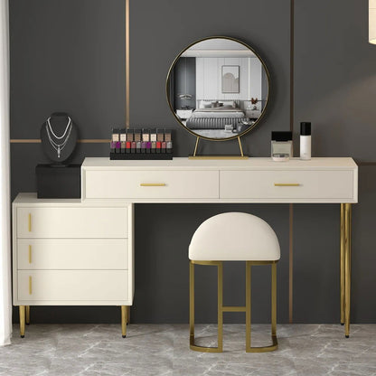 Modern White Makeup Vanity Set Retracted Dressing Table Cabinet & Stool & Mirror - 