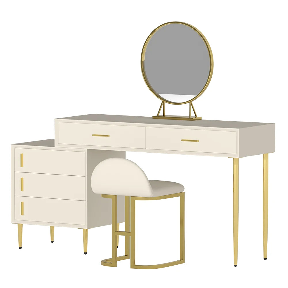 Modern White Makeup Vanity Set Retracted Dressing Table Cabinet & Stool & Mirror - 