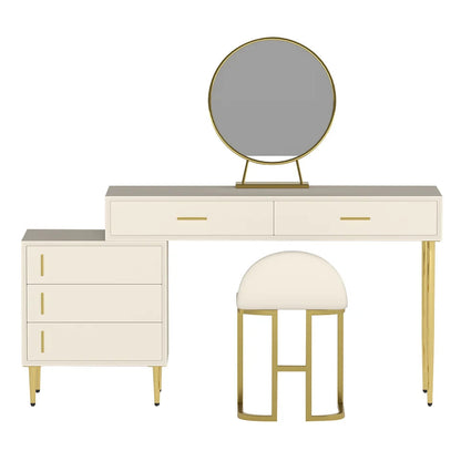 Modern White Makeup Vanity Set Retracted Dressing Table Cabinet & Stool & Mirror - 