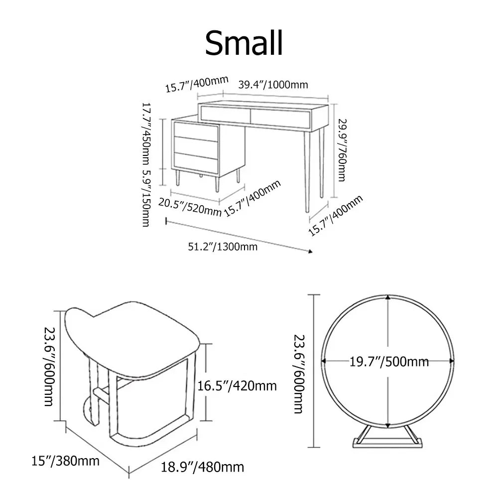 Modern White Makeup Vanity Set Retracted Dressing Table Cabinet & Stool & Mirror - 