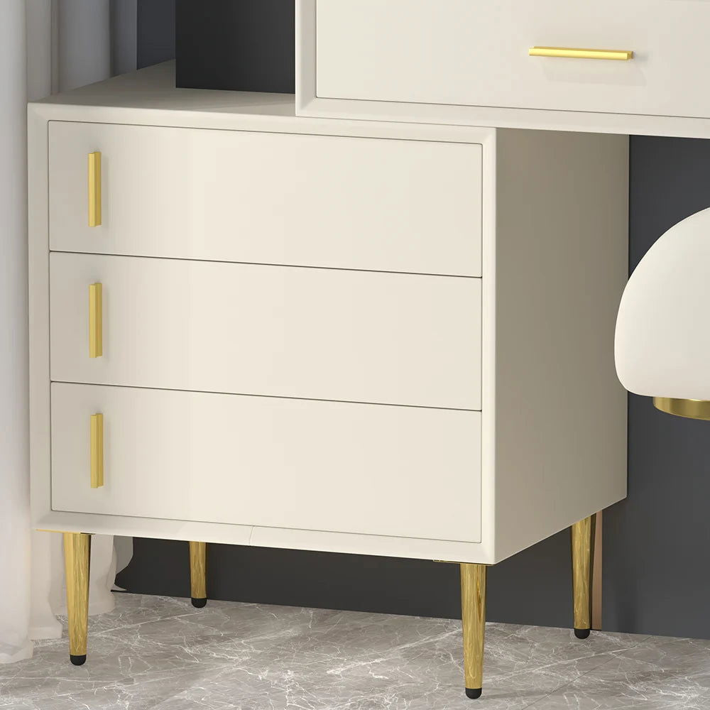 Modern White Makeup Vanity Set Retracted Dressing Table Cabinet & Stool & Mirror - 