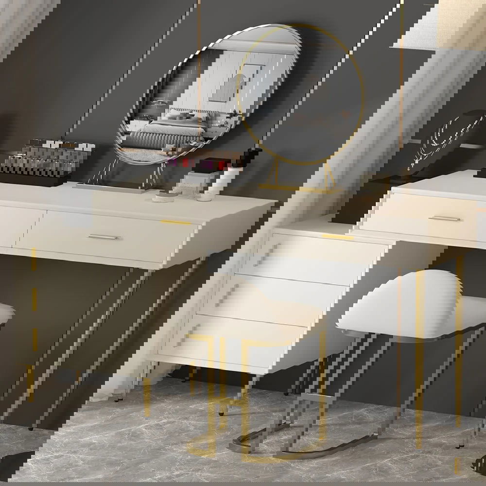 Modern White Makeup Vanity Set Retracted Dressing Table Cabinet & Stool & Mirror - Homary