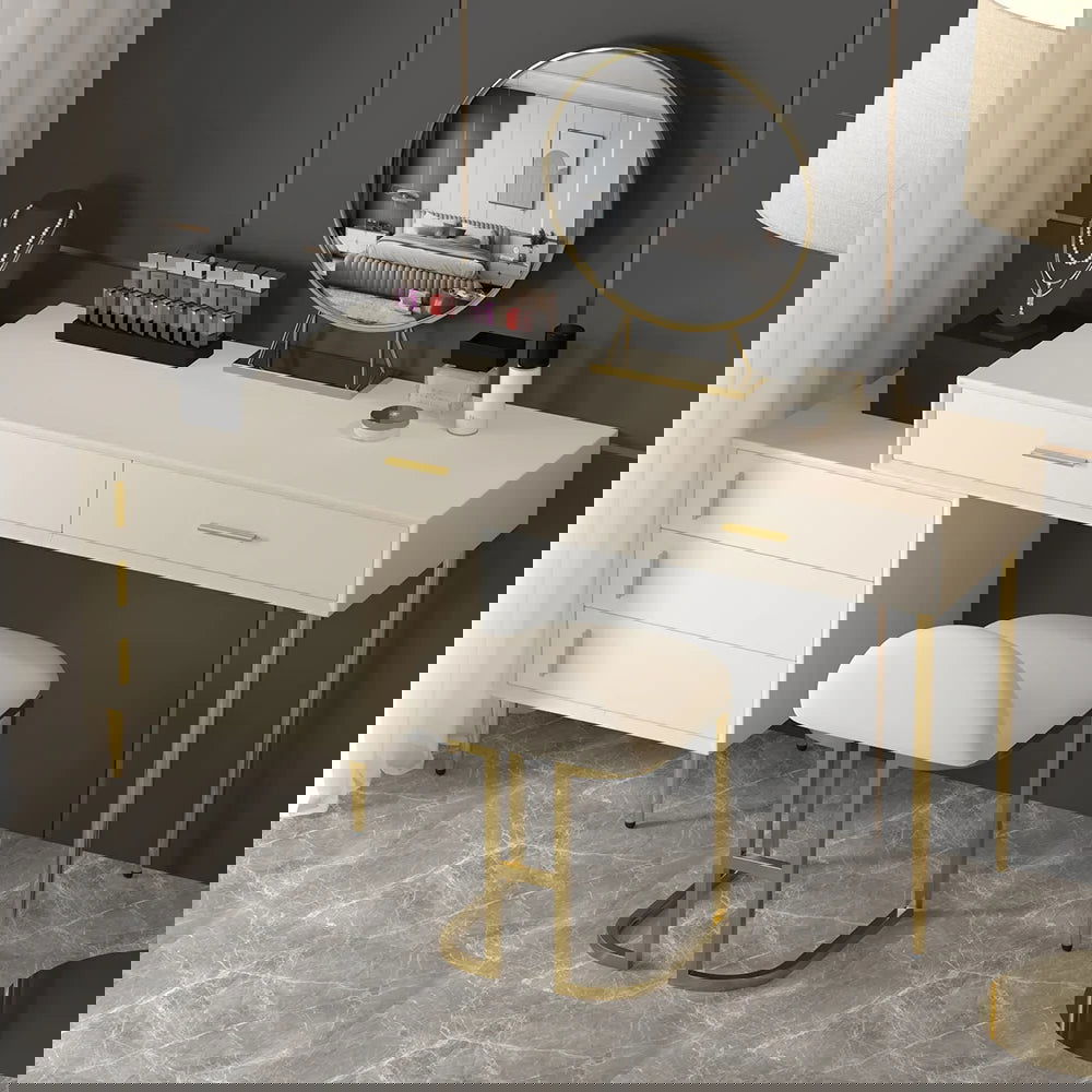 Modern White Makeup Vanity Set Retracted Dressing Table Cabinet & Stool & Mirror - Homary