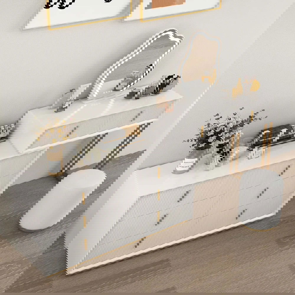 Modern White Makeup Vanity Set with 6-Drawer Cabinet Dressing Table with Stool & Mirror - 