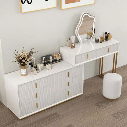Modern White Makeup Vanity Set with 6-Drawer Cabinet Dressing Table with Stool & Mirror - 