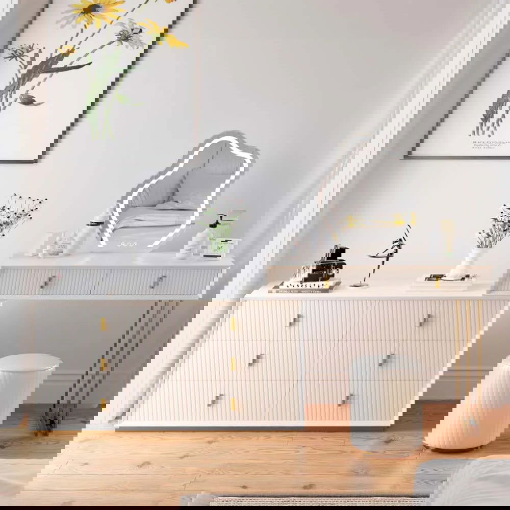 Modern White Makeup Vanity Set with 6-Drawer Cabinet Dressing Table with Stool & Mirror - 