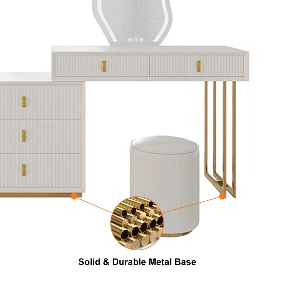 Modern White Makeup Vanity Set with 6-Drawer Cabinet Dressing Table with Stool & Mirror - 