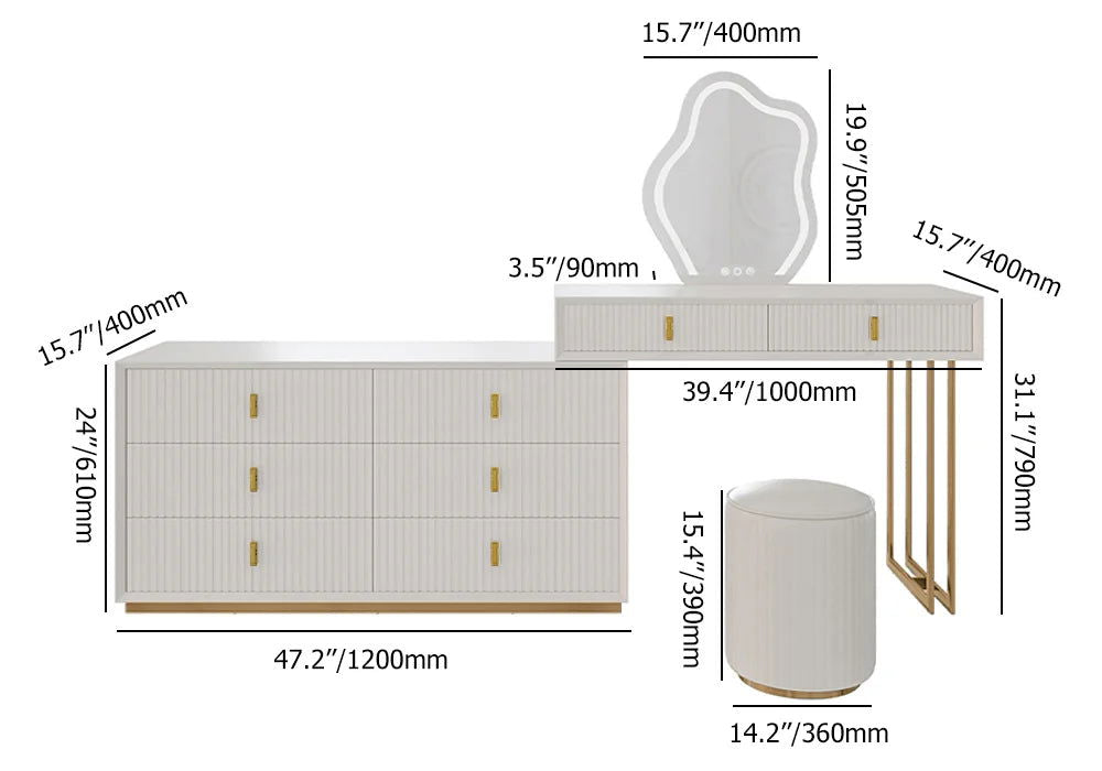 Modern White Makeup Vanity Set with 6-Drawer Cabinet Dressing Table with Stool & Mirror - 