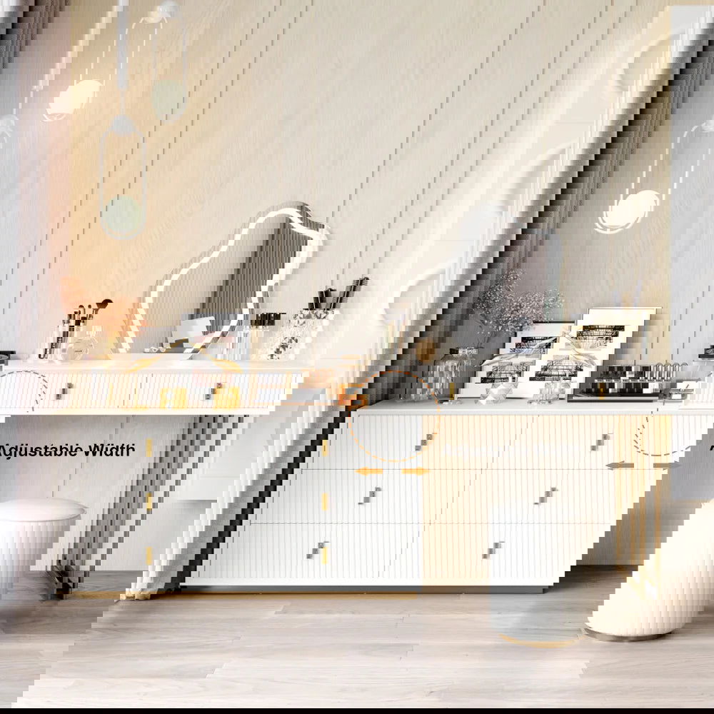 Modern White Makeup Vanity Set with 6-Drawer Cabinet Dressing Table with Stool & Mirror - 