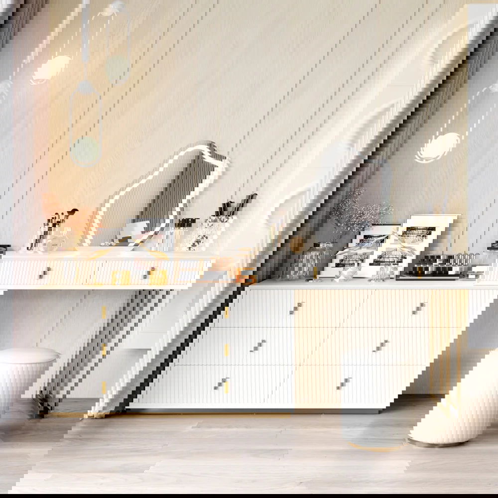 Modern White Makeup Vanity Set with 6-Drawer Cabinet Dressing Table with Stool & Mirror - 