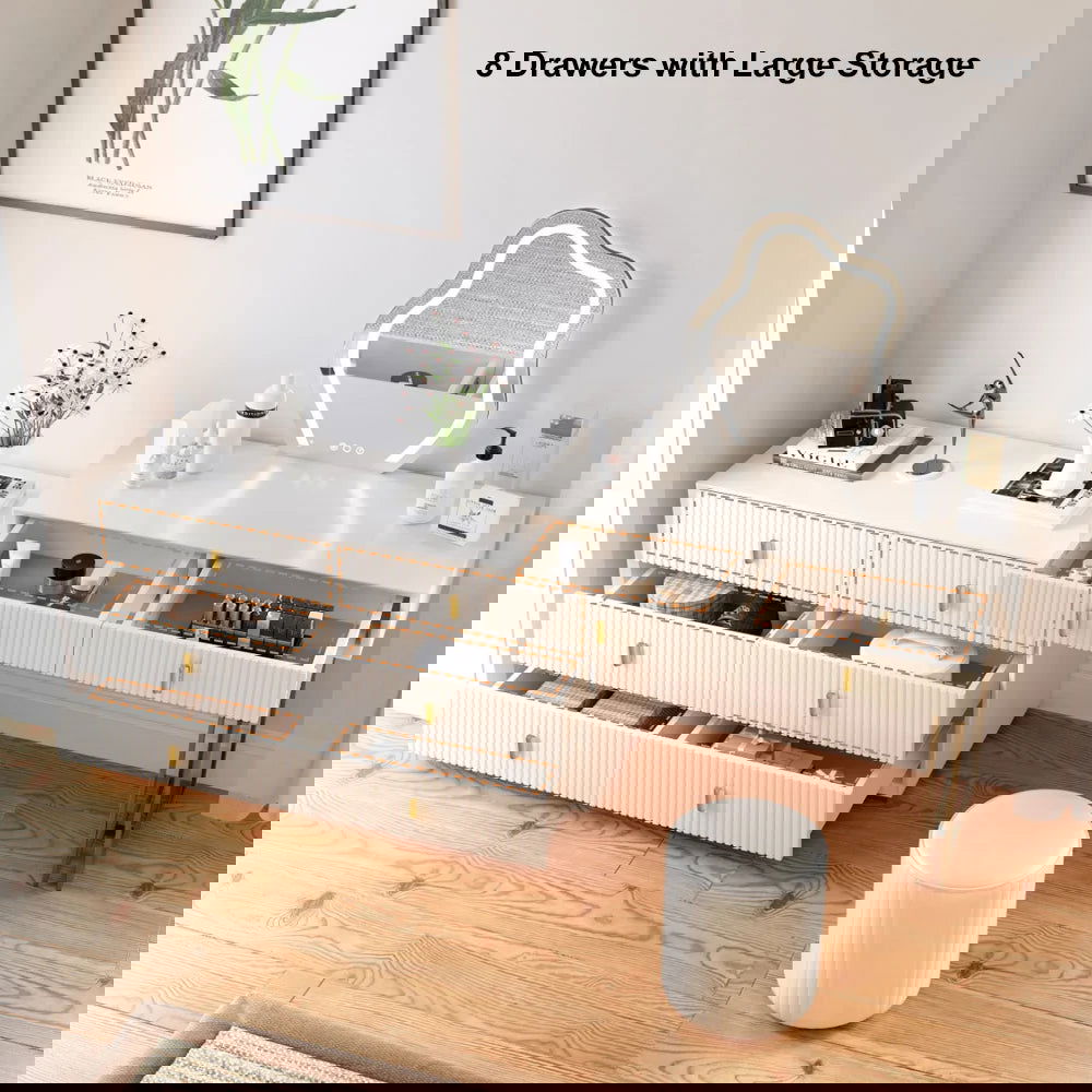 Modern White Makeup Vanity Set with 6-Drawer Cabinet Dressing Table with Stool & Mirror - 