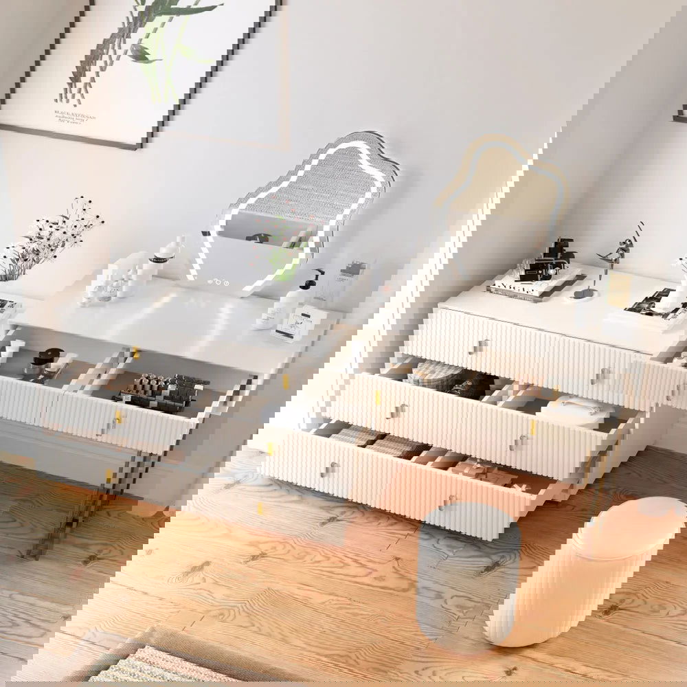 Modern White Makeup Vanity Set with 6-Drawer Cabinet Dressing Table with Stool & Mirror - Homary