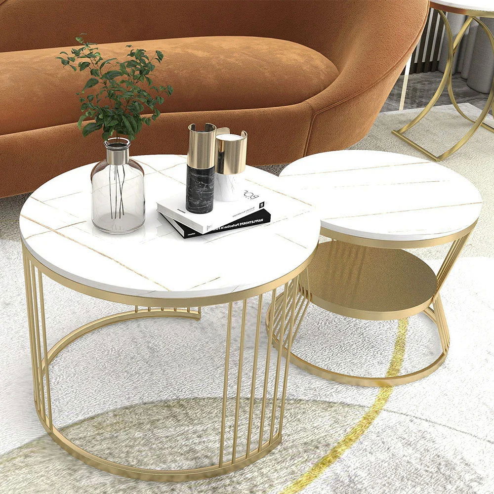 Modern White Nesting Coffee Tables Round Set of 2 with Stone Top - 