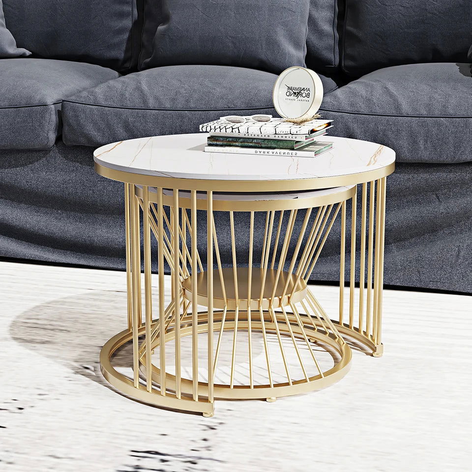 Modern White Nesting Coffee Tables Round Set of 2 with Stone Top - 
