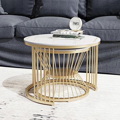 Modern White Nesting Coffee Tables Round Set of 2 with Stone Top - 