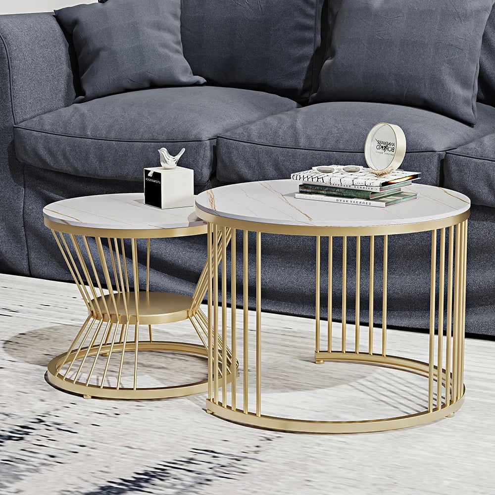 Modern White Nesting Coffee Tables Round Set of 2 with Stone Top - 