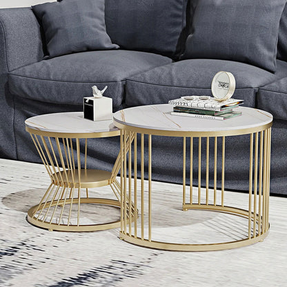 Modern White Nesting Coffee Tables Round Set of 2 with Stone Top - 