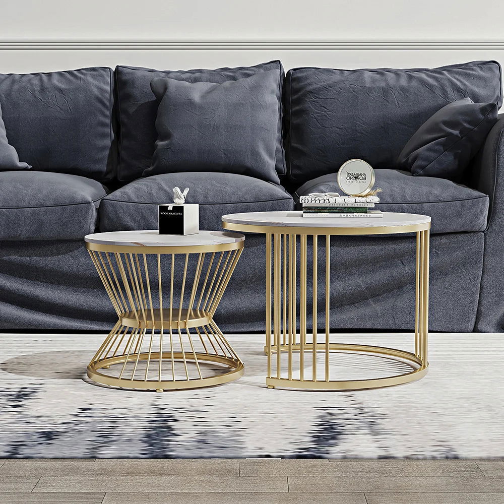 Modern White Nesting Coffee Tables Round Set of 2 with Stone Top - 