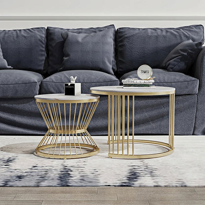 Modern White Nesting Coffee Tables Round Set of 2 with Stone Top - 