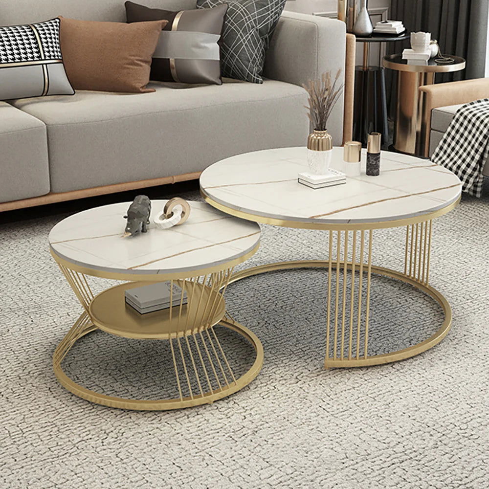 Modern White Nesting Coffee Tables Round Set of 2 with Stone Top - 