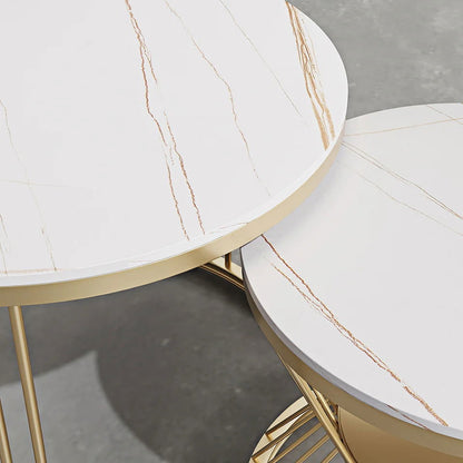 Modern White Nesting Coffee Tables Round Set of 2 with Stone Top - 