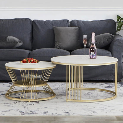 Modern White Nesting Coffee Tables Round Set of 2 with Stone Top - Homary