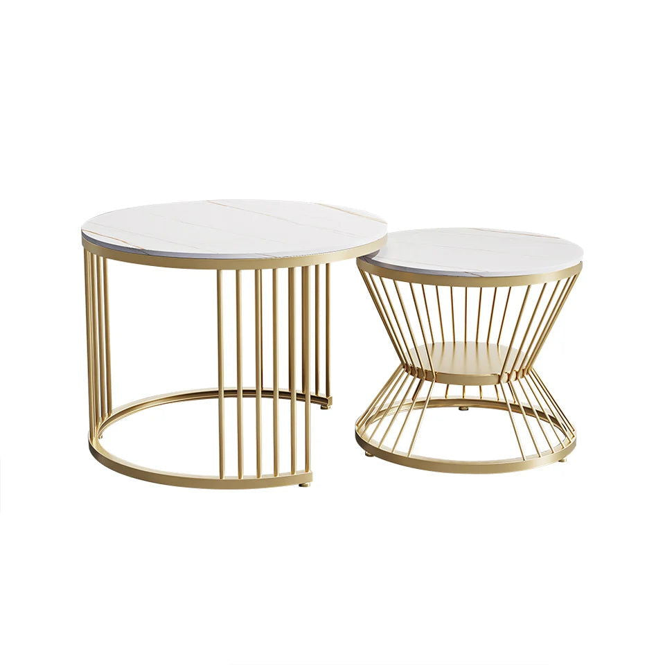 Modern White Nesting Coffee Tables Round Set of 2 with Stone Top - Homary
