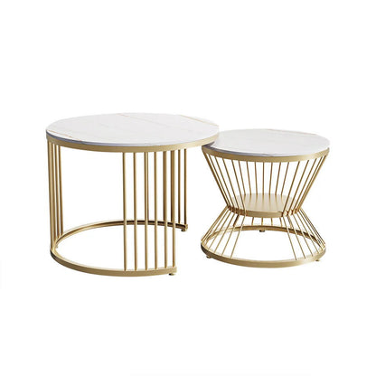 Modern White Nesting Coffee Tables Round Set of 2 with Stone Top - Homary