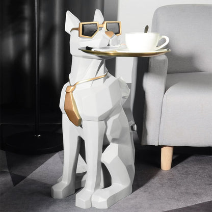 Modern White Resin Dog Sculpture Cute End Side Table with Metal Storage Tray Tissue Box - 