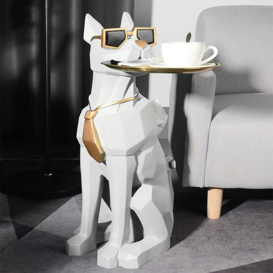 Modern White Resin Dog Sculpture Cute End Side Table with Metal Storage Tray Tissue Box - 