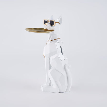 Modern White Resin Dog Sculpture Cute End Side Table with Metal Storage Tray Tissue Box - 