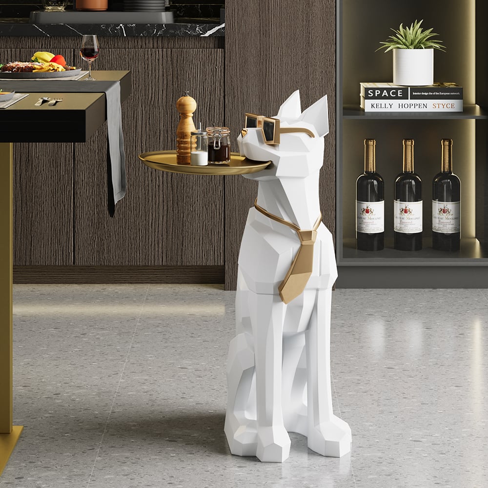 Modern White Resin Dog Sculpture Cute End Side Table with Metal Storage Tray Tissue Box - 