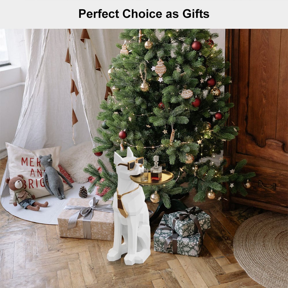 Modern White Resin Dog Sculpture Cute End Side Table with Metal Storage Tray Tissue Box - 