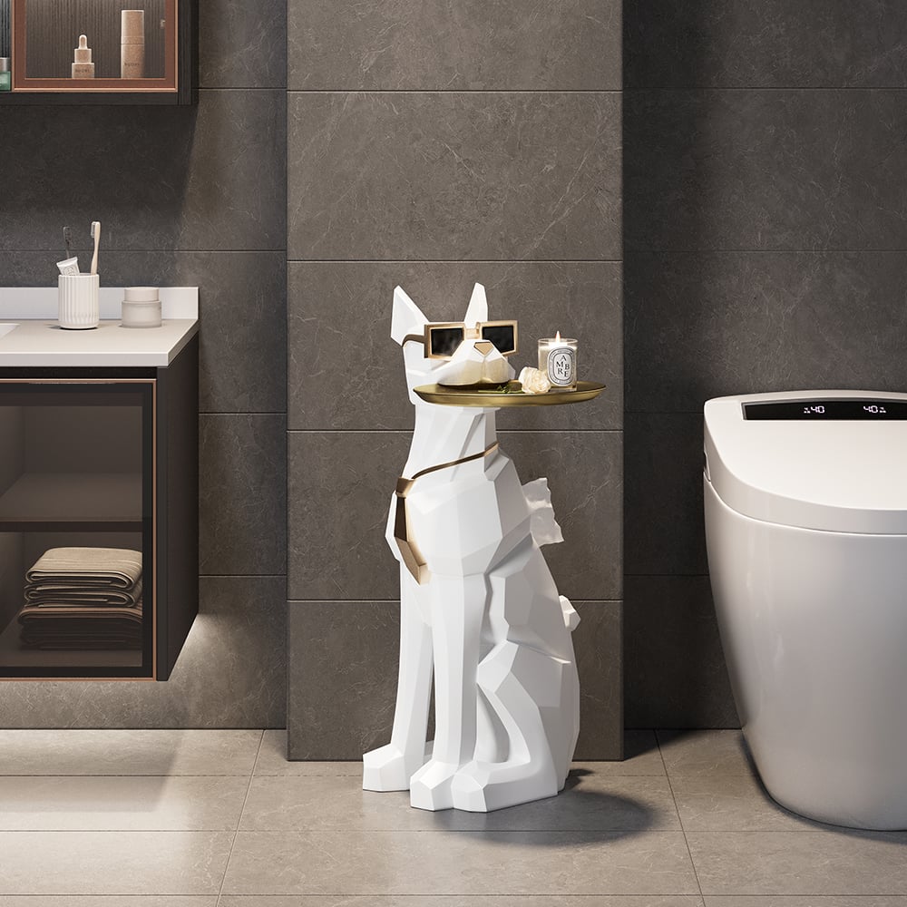 Modern White Resin Dog Sculpture Cute End Side Table with Metal Storage Tray Tissue Box - 